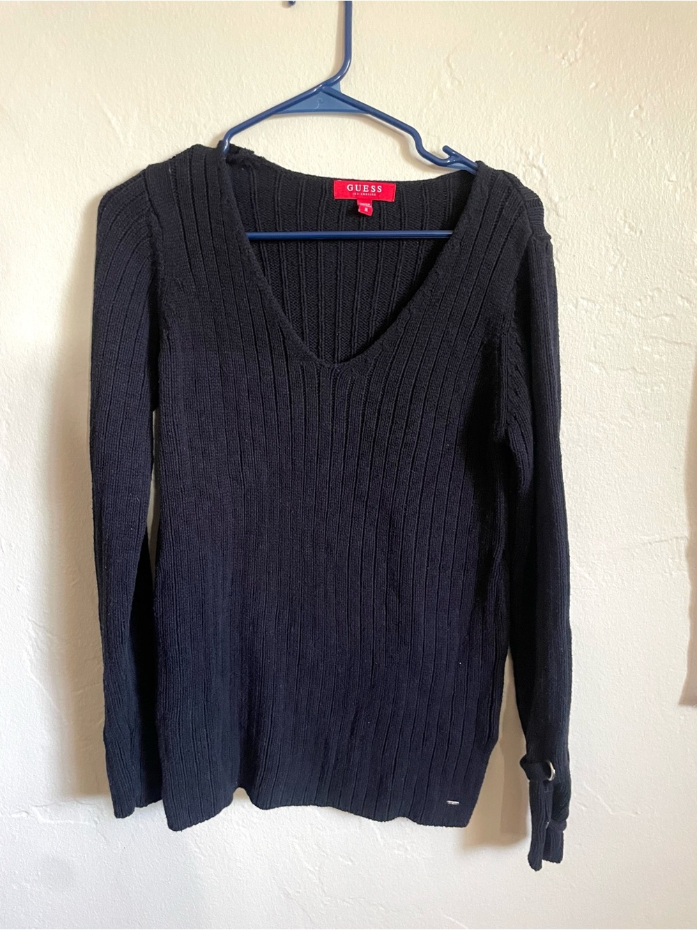 GUESS Black Ribbed V-Neck Long Sleeve Sweater
